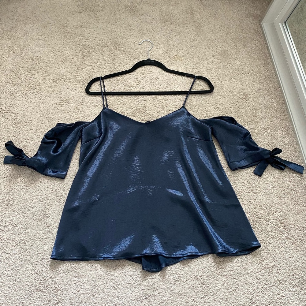Silence + Noise silky navy cold shoulder top